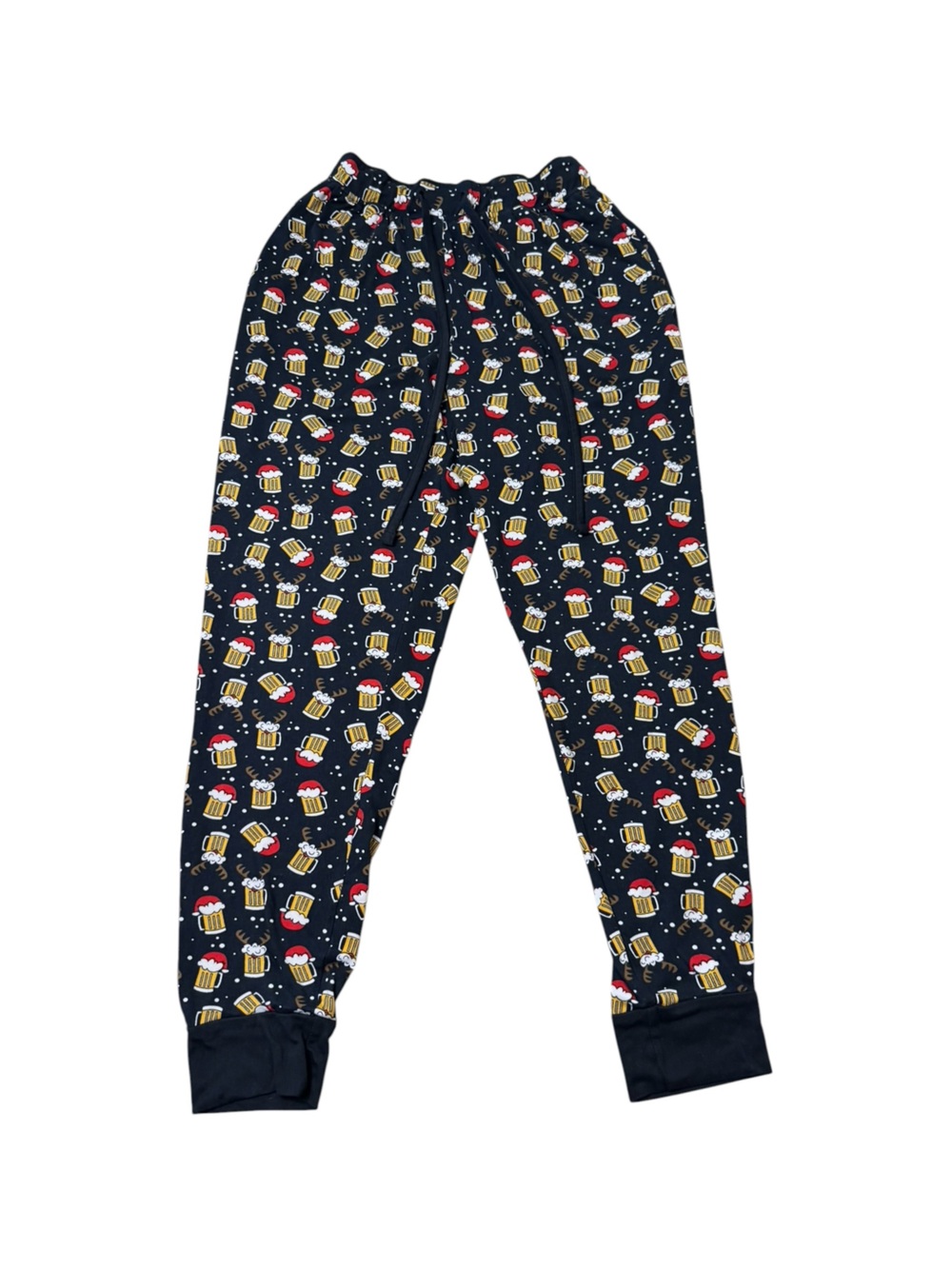 Men's Navy Blue Beer Pint Print Pajama Pants Antlers and Santa Hats Size S